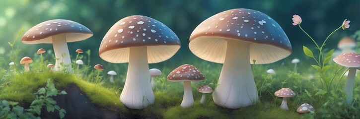 Fairy tale in mashrooms in the forest. AI generated illustration