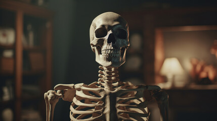Human skeleton model in dark room. Halloween concept - obrazy, fototapety, plakaty