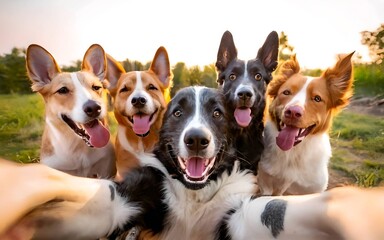 Fototapeta na wymiar A group of dogs taking a selfie on a blurred background