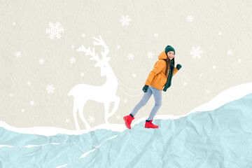 3d photo artwork collage painting of smiling cute girl walking christmas deer isolated beige color background