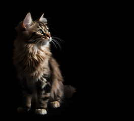 Close-up of fluffy cat looking up on a black background with copy space