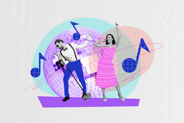 Couple having fun in nightclub collage of two people hipster party sing in karaoke during festival performance isolated on white background