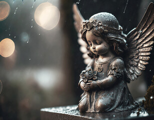 Guardian angel on the grave on blurred background with copy space. Weathered figurine on rainy day.