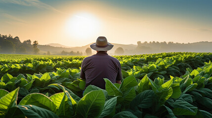 Fototapeta premium farmer, dressed in a plaid shirt and hat, is crouching among large green tobacco leaves in a field