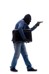 Young male burglar holding bag isolated on white