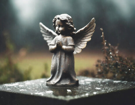 Guardian angel on the grave. Rainy day at graveyard.