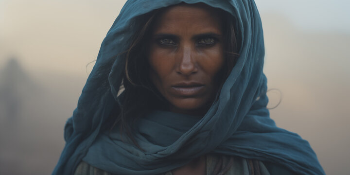 Natural portrait of a desert woman in blue litham