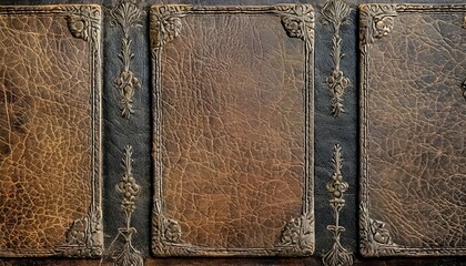 antique leather book cover texture background displaying the rich weathered patina of aged leather...