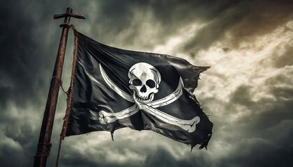 a dramatic photo of a tattered pirate flag waving defiantly against a backdrop of a stormy sky the...