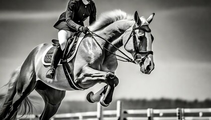horse jumping equestrian sports show jumping themed photo macro black and white - obrazy, fototapety, plakaty