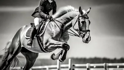 Ingelijste posters horse jumping equestrian sports show jumping themed photo macro black and white © Kelsey