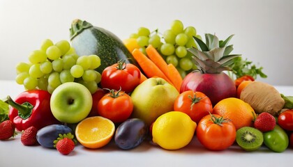 Fototapeta na wymiar photo of a colorful assortment of fruits and vegetables on a clean white background with copy space