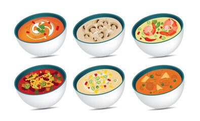 Delicious thick soup bowl set illustrations