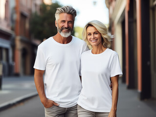 A senior couple wearing white matching t-shirts mockup for design template
