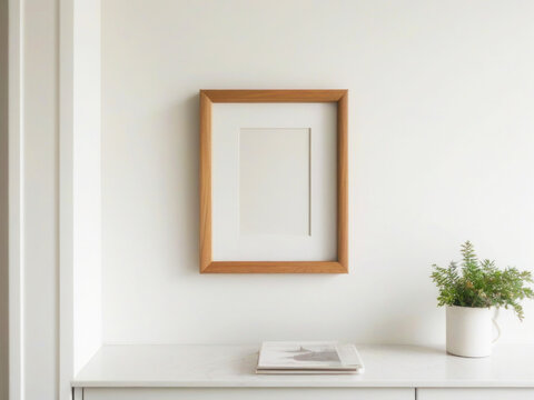 Empty wooden frame on a light wall, cute minimalistic interior item. Green plant in a vase on a white wooden tabletop.