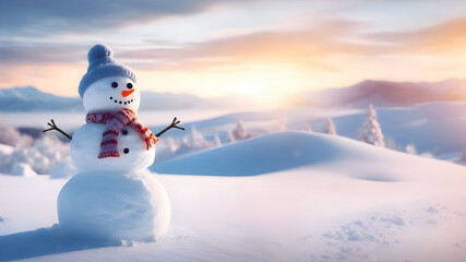 Obraz premium snowman wearing a hat and scarf on snow and sunny winter snowy forest. Copy Space Merry Christmas background