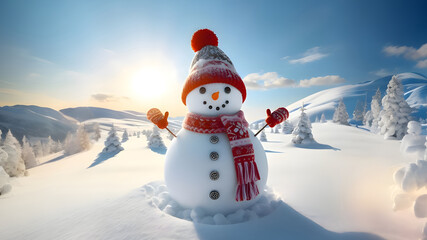 Fototapeta premium Little cute snowman in a hat and scarf on snow and sunny winter snow forest. Merry Christmas background
