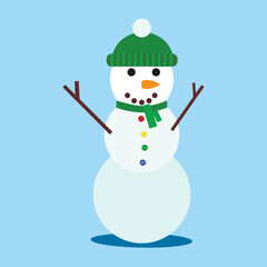 A simple snowman in a green winter hat. Blue background.