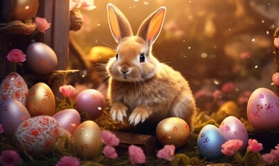 Fototapeta na wymiar Magic bunny with Easter eggs in flower bows, AI generator