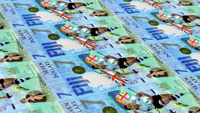 Fiji Fijian Dollar 7 Banknotes Money Printing House, Printing Seven Fijian Dollar, Printing Press Machine Print out Fijian Dollar, Being printed by currency press machine 7 Fijian Dollar
