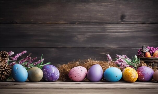 Easter eggs and natural wooden table for country, background and texture, AI generator