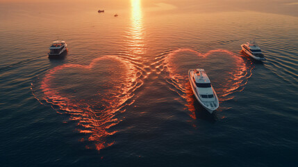 Aerial view of motorboats in shape of the heart