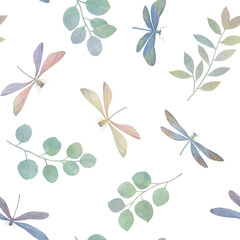 delicate watercolor dragonflies in botanical seamless pattern, illustration for wallpaper design, wrapping paper, print, greeting cards.