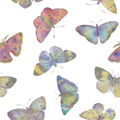 Abstract vintage print with colored butterflies, on a white background. Watercolor seamless background. Hand drawn marble illustration. Mixed media art