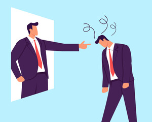 Self criticism, negative critic thinking to blame yourself, guilt or depression to rant or inner anxiety, anger or stress psychology concept