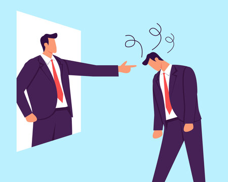Self criticism, negative critic thinking to blame yourself, guilt or depression to rant or inner anxiety, anger or stress psychology concept