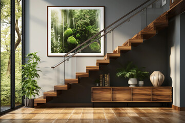 Green summer or spring leaves, tree branch over interior design scene. Natural ecology concept idea. Minimal bathroom with staircase on generative AI - Powered by Adobe