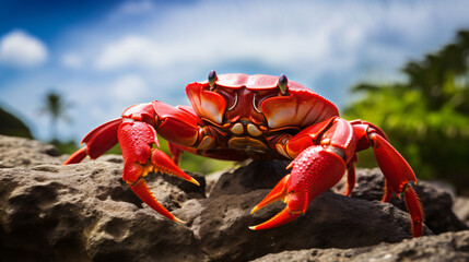 Big red crab on close up photo