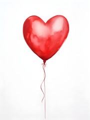 Drawing of a Heart shaped Balloon in red Watercolors on a white Background. Romantic Template with Copy Space