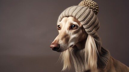 studio portrait of Saluki dog in stylish hat, isolated on clean background