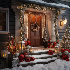 Fototapeta premium christmas tree in front of the house, ai