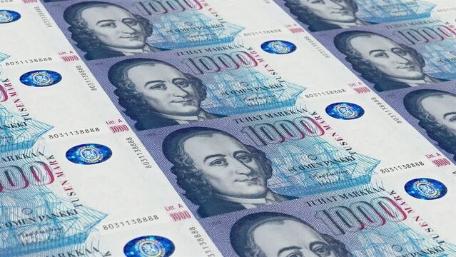 Finland Finnish Markka 1000 Banknotes Money Printing House, Printing One Thousand Finnish Markka, Printing Press Machine Print out Finnish Markka, Being printed by currency press machine 1000