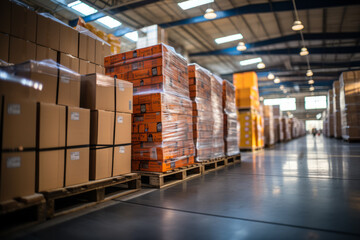 Retail warehouse full of shelves with goods in cartons, with pallets and forklifts. Logistics and transportation blurred background. Product distribution center. Generative Ai