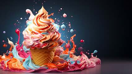 abstract 3d web banner with ice cream cone with colorful splashes on the black background copy space for text