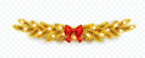 Christmas tree border with golden fir branches, red bow and lights isolated on transparent background. Pine, xmas gold evergreen plants decoration. Vector string garland decor - obrazy, fototapety, plakaty