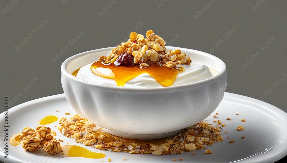 Wall mural bowl luscious white base greek yogurt dollop honey drizzle granola on white plate on isolated backgr