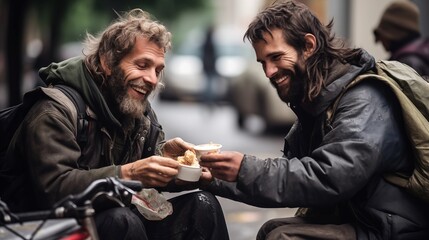 A passerby man giving food to a hungry homeless person on cold rainy winter street - obrazy, fototapety, plakaty
