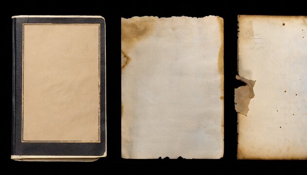 set collection of three stained blank old book pages or sheets of vintage antique paper textured retro collage art backgrounds with ripped edges isolated over a background png