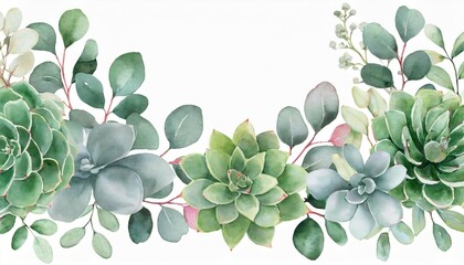 watercolor succulent floral border with eucalyptus leaves hand drawn summer greenery illustration for wedding invitation greeting card logo design and other - obrazy, fototapety, plakaty