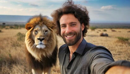 reckless man taking selfies shot with wild lion endangering himself man takes selfie with a big...