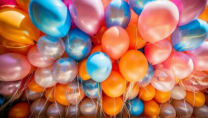 bright shiny multicoloured balloons filled with helium balloon stack of multiple colours pink orange blue and red balloons background - obrazy, fototapety, plakaty