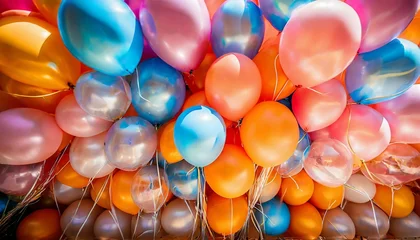 Photo sur Aluminium Ballon bright shiny multicoloured balloons filled with helium balloon stack of multiple colours pink orange blue and red balloons background