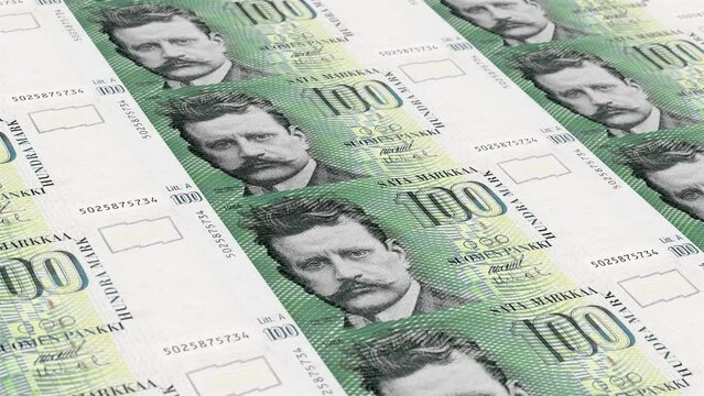 Finland Finnish Markka 100 Banknotes Money Printing House, Printing One Hundred Finnish Markka, Printing Press Machine Print out Finnish Markka, Being printed by currency press machine 100