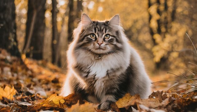 photo of a fluffy domestic cat in the autumn forest