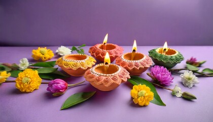 Obraz na płótnie Canvas colorful clay diya lamps with flowers on purple background