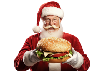 papá noel sosteniendo una hamburguesa gigante entre sus manos sobre fondo transparente png
